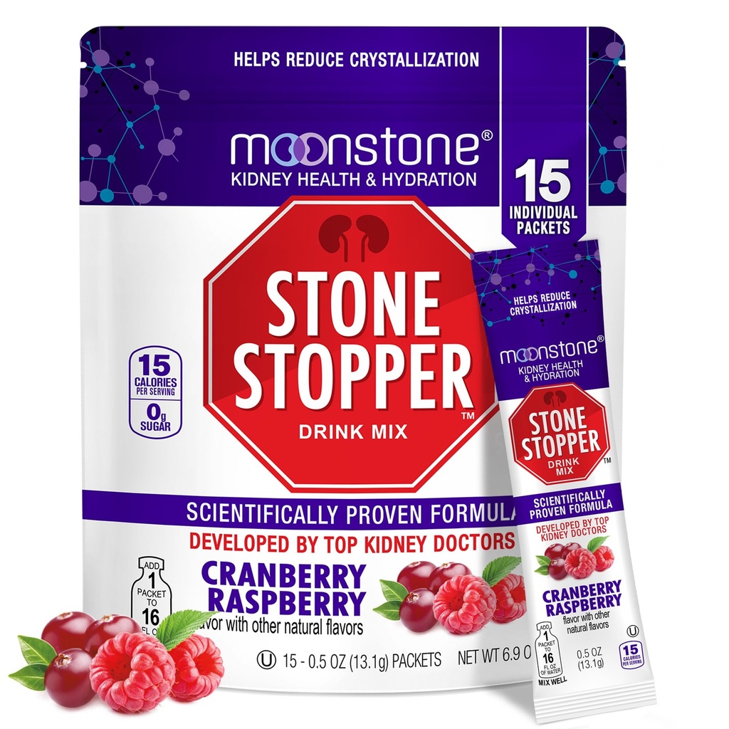Moonstone Stone Stopper Drink Mix, Cranberry Malina, Ledvina Kámen Prevence, Oxalát vápníku Protector, Vyvinutý Urology zlepšit hydrataci a podporu zdraví ledvin, 15 Den Dodávka