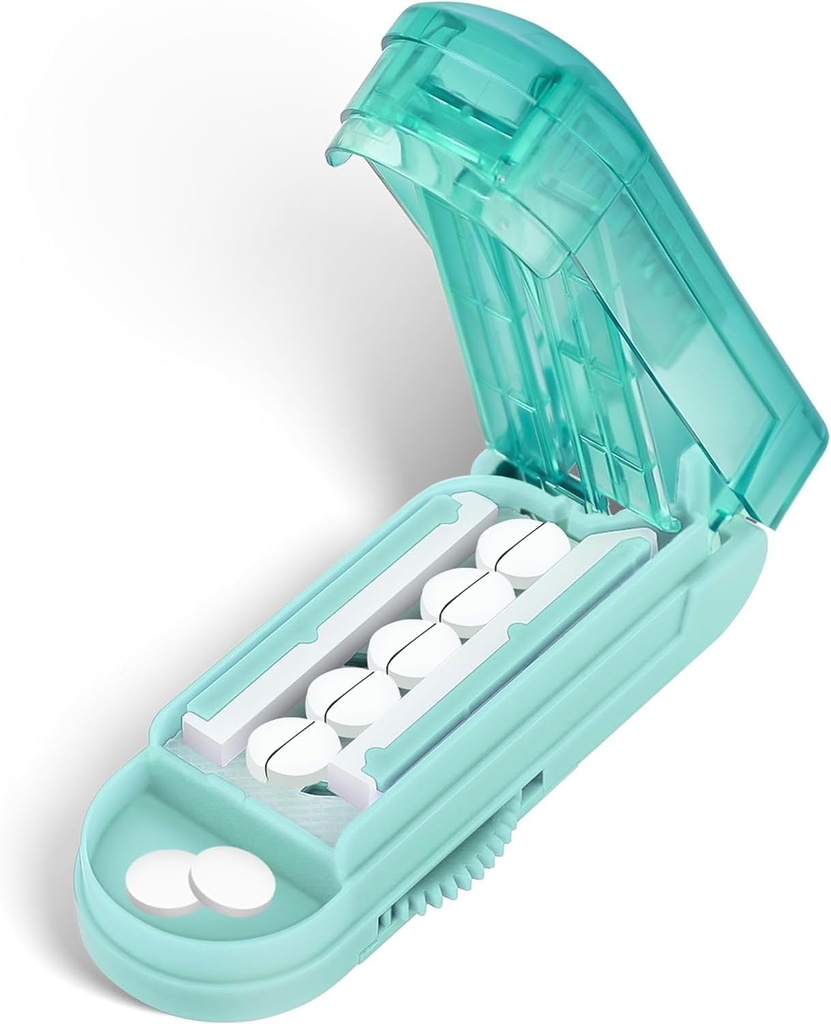 DUBSTAR Pill Cutter Splitter pro malé a malé pilulky, Vícenásobné Pill Culters pro malé nebo velké pilulky, Nastavitelný Pill Splitter s uzavíracím zařízením a čepelí pro více tablet (Cyan)