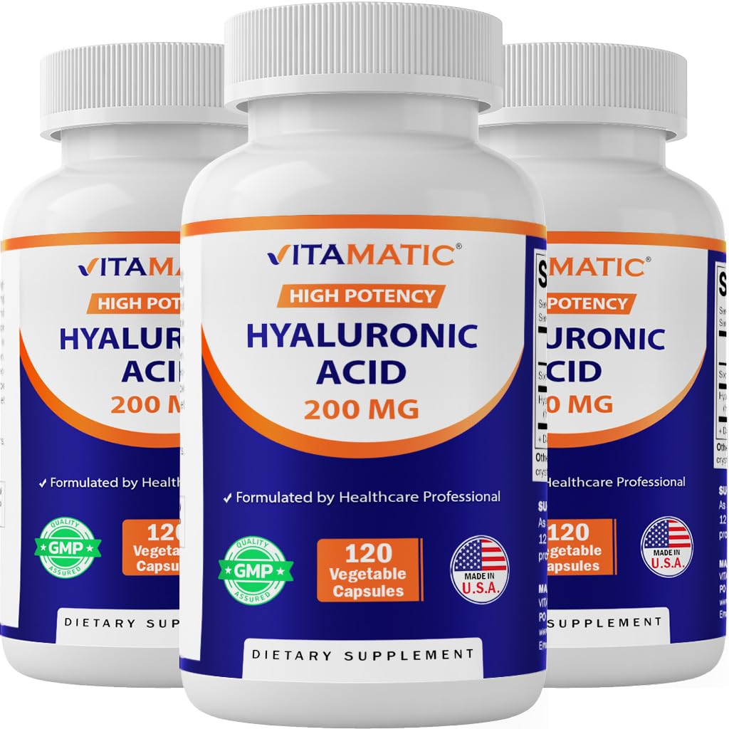 Vitamatic 3 Pack Hyaluronic kyseliny doplňky 200mg - Podporuje zdravé spojovací tkáně a spojky - Podpora mladistvé zdravé kůže - Celkem 360 Kapsle
