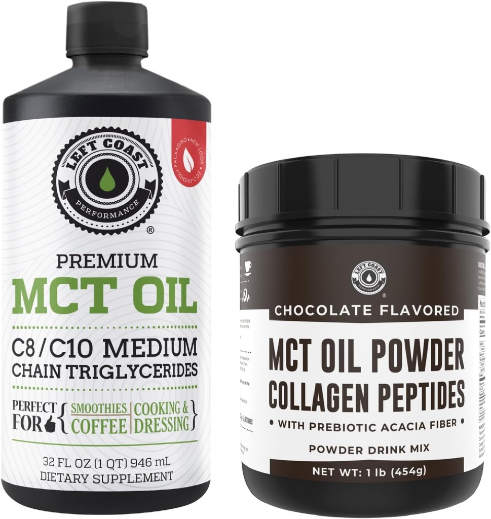 Levý pobřeží Výkon 100% Kokosový MCT Oil Liquid, 32oz + čokoláda Keto MCT Powder, Kolagen & Prebiotic Fiber, 16oz