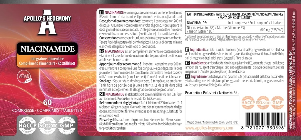 APOLLO 'S HEGEMONY Niacinamid 500 mg na tabletu - 60 Veganových tablet - 2 měsíce Dodávka - Podporuje energii a nervové funkce - Vitamin B3 dodatek stravy