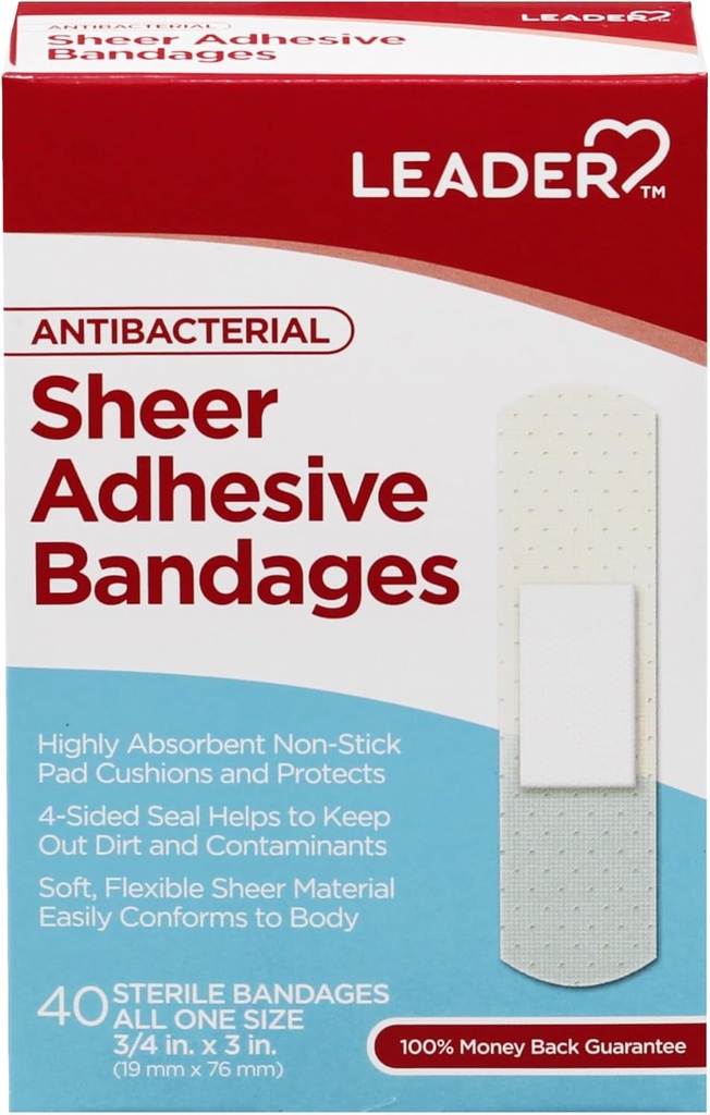 LEADER Sterilní Sheer Adhesive Obvazy, Latex Free, Směsi s kůží, Pomáhá zabránit infekci, Pohodlná ochrana pro první pomoc a Wound Care (3 / 4 "x 3", 40 Počet)