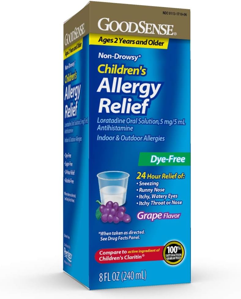 GoodSense Dětská alergická medicína, 24 hodinová Lortis perorální roztok 5 mg / 5 ml, Dye- Free, Non- Drowsy Antihistamin, Grape Flavor, Ages 2 a starší, 8 oz