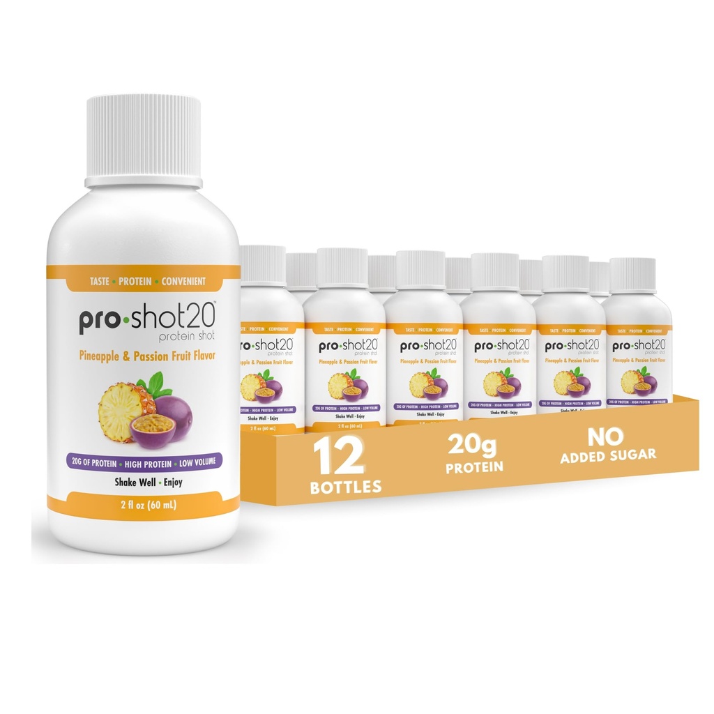 Pro- Shot20 protein shot ananas & passion ovocné aroma, 60 ml, 12- Pack- 20g syrovátkový protein & hydrolyzovaný kolagen Drink - nízká kalorie, nízký karb, gluten zdarma, žádný aspartam, připraven k pití
