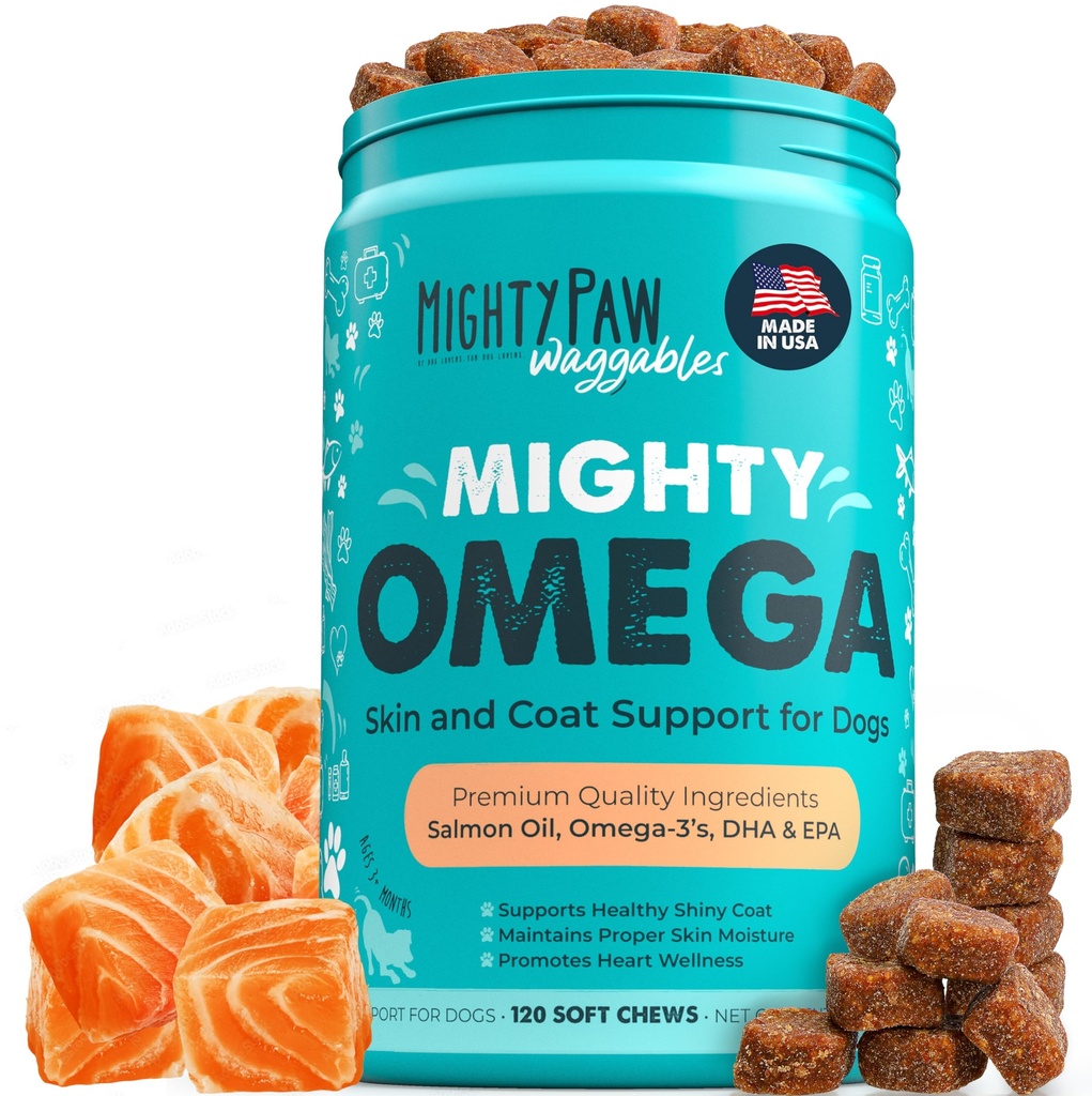 Mighty Paw Waggables Mighty Omega (Made in The USA, 120 Count) Losos Flavor kůže a coat dodatek. Soft Chew Fish Oil pro psy - DHA & EPA, Slanina Flavor