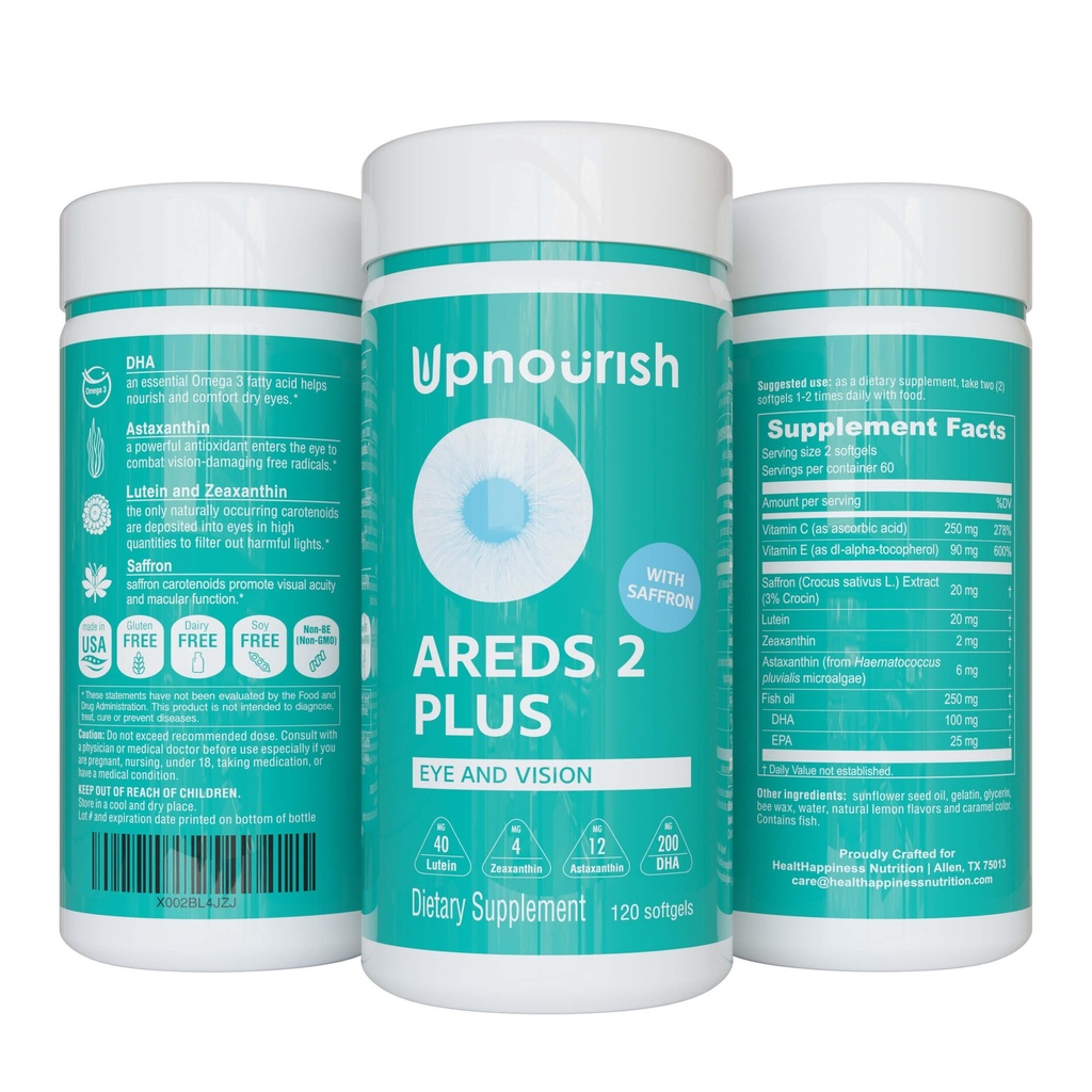 UpNourish AREDS 2 Plus vitamin doplněk, AREDS 2 Zink Free Formule s Lutein, Zeaxanthin, Saffron, Astaxanthin & DHA - 120 softgels