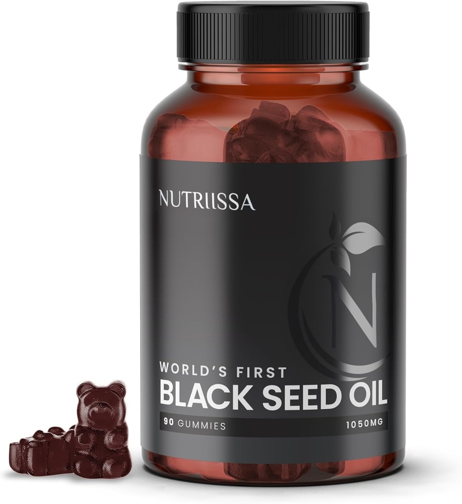 Nutrissa Black Seed Oil + Elder Berry Gummies - Cold- Pressed Black Cumin Seed Nigella Sativa Oil - EPEB Certified for Purity & Potency - 90 Blueberry Ochucené Vegan Gummies