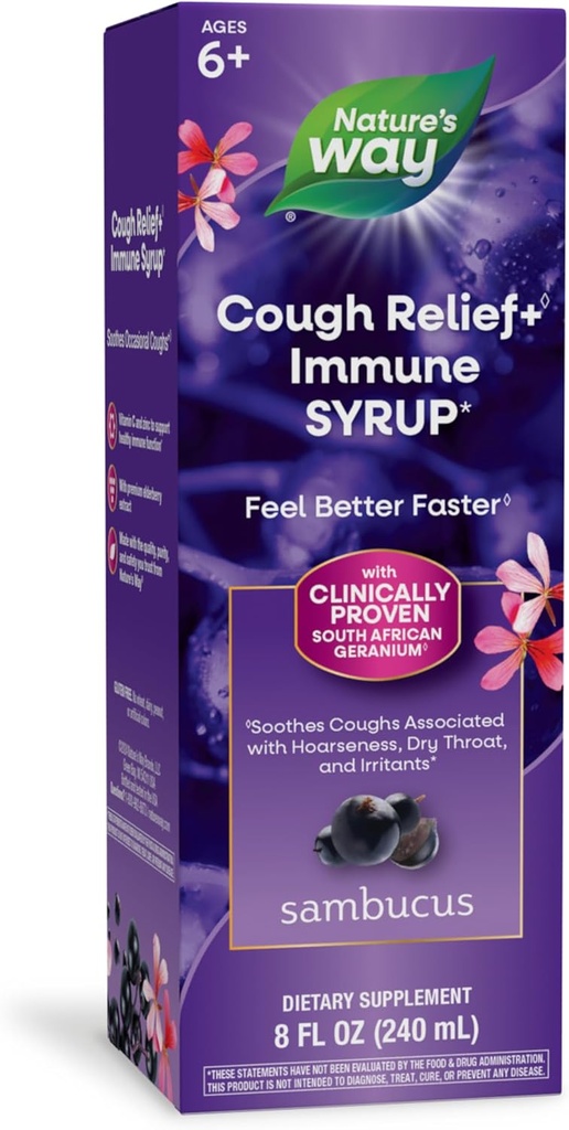 Nature 's Way Sambucus Cough Relief + (1) Imunitní syrup *, Feel Better Faster (1), Klinicky osvědčený jihoafrický geranium, s výtažkem z brusinek, vitamín C & zinek, 8 Oz (balení květen Vary)