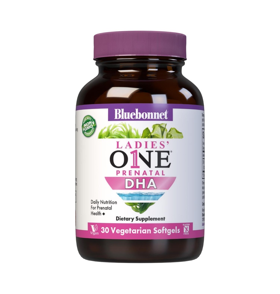 Bluebonnet Nutrition Ladies 'One Prenatal DHA, Daily Nutrition for Prenatal Health *, Non- GMO, Vegan, Gluten- Free, 30 Vegetarian Softgels, 30 Servings