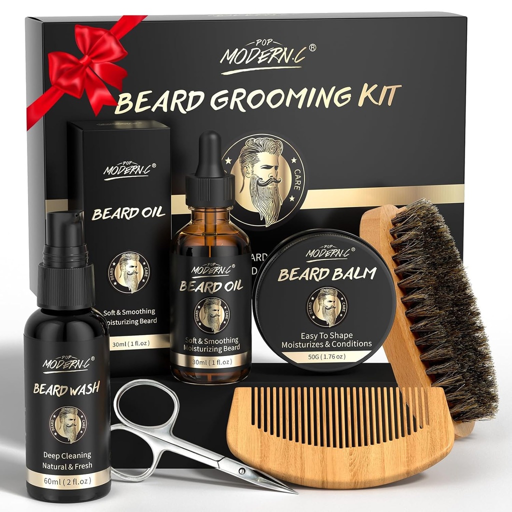 POP MODERN.C Beard Růstový kit Beard Grooming Kit 6ks Beard Wash Shampool Beard Oil Beard Balm Beard Comb Brush Nůžky