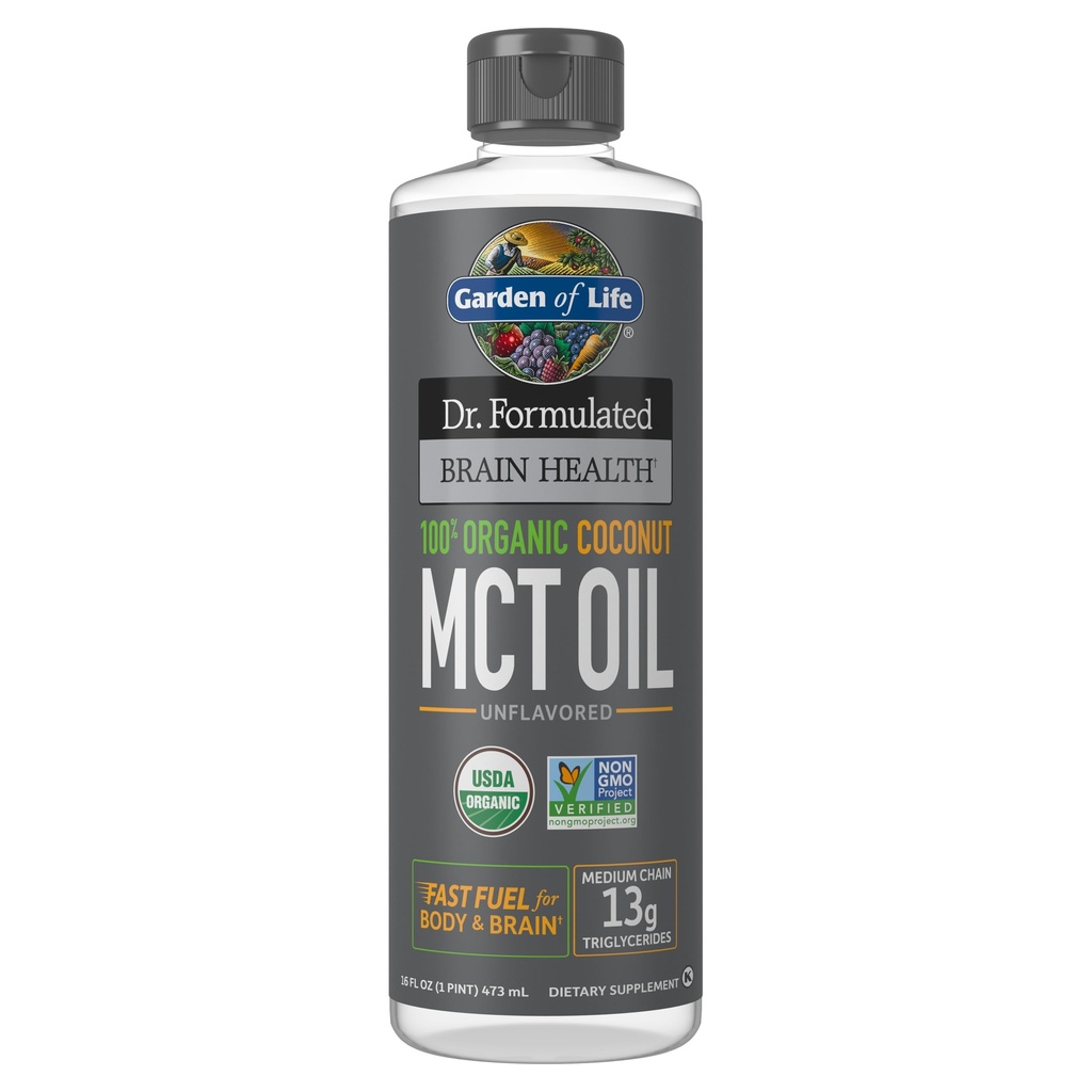 Zahrada života Dr. Perforovaný Brain Health 100% Organic Coconut MCT Oil 16 fl oz Neochucené, 13g MCTs, Tělo a mozek palivo, Certified Non- GMO Vegan & gluten Free, Hexane- Free