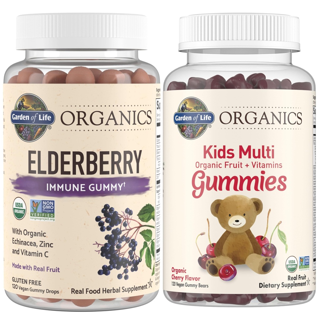 Zahrada života Organika Děti Imunitní Bundle - Elderberry Imunitate Support Gummies (120 Počet) + Certified Organic Kids Multivitamin Gummies, Non- GMO, Gluten Free, Cherry (120 Počet)