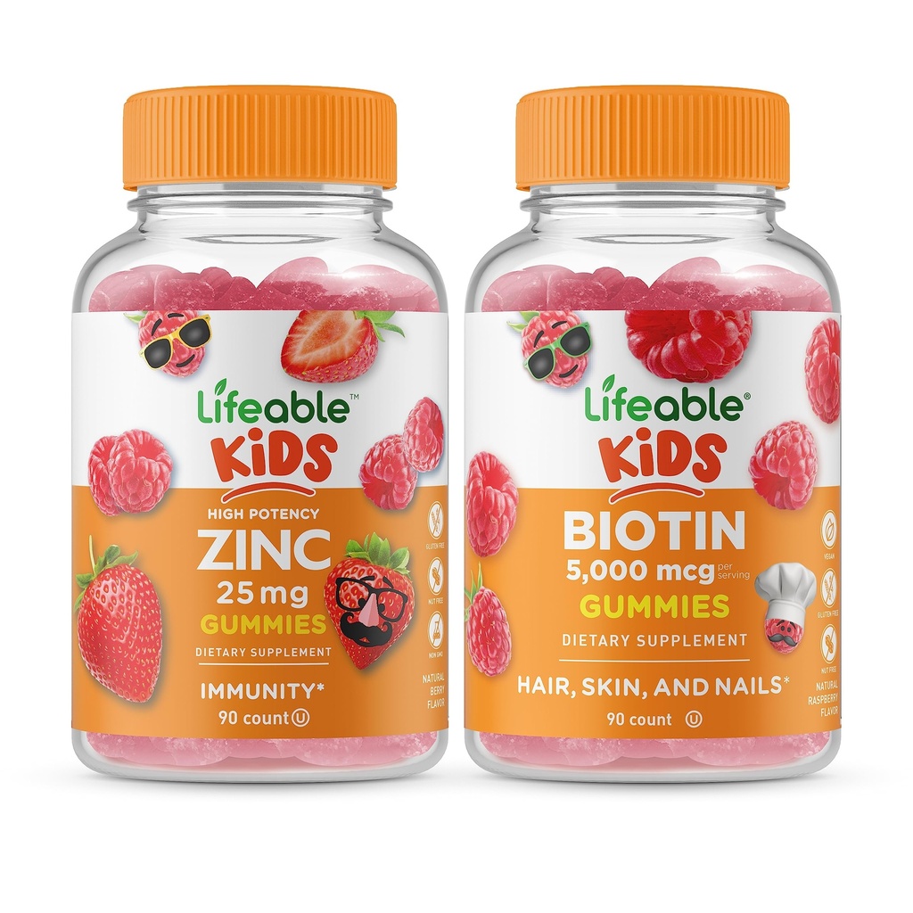 Živý zinek 25mg děti + Biotin děti, Gummies Bundle - Velký příchuť, doplněk vitamínu, gluten zdarma, GMO zdarma, Žvýkací žlab