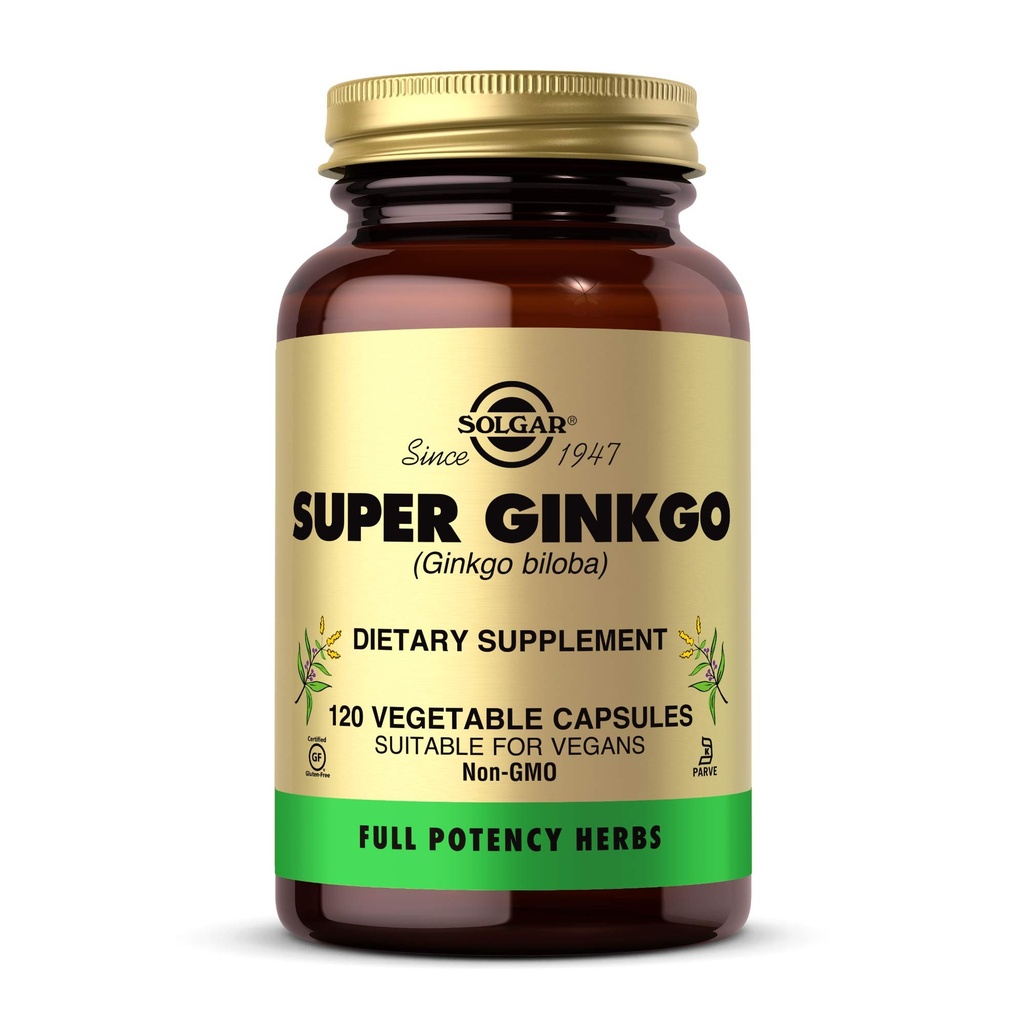Solgar Super Ginkgo, 120 Zeleninové kapsle - Plná potence (FP) - Antioxidant & Nervová podpora systému - Brain Health - Non- GMO, Vegan, Gluten Free, Dairy Free, Kosher - 120 Služeb