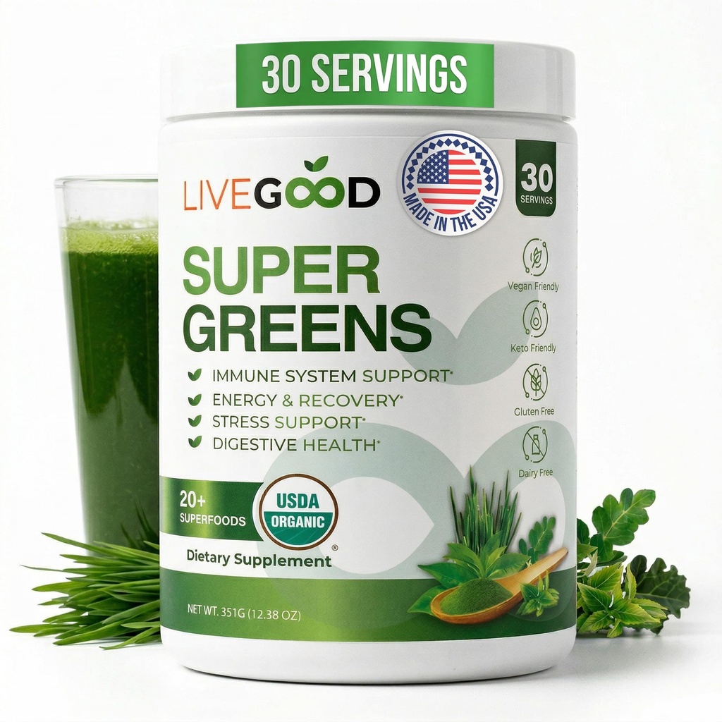 LiveGood Super Greens Powder Organic Superfood with Wheat Grass Powder, Daily Superfood Powder for Imunity Support, Energy and Detox, Green Juice Powder Supplement (30 Servings), 12.38 Oz