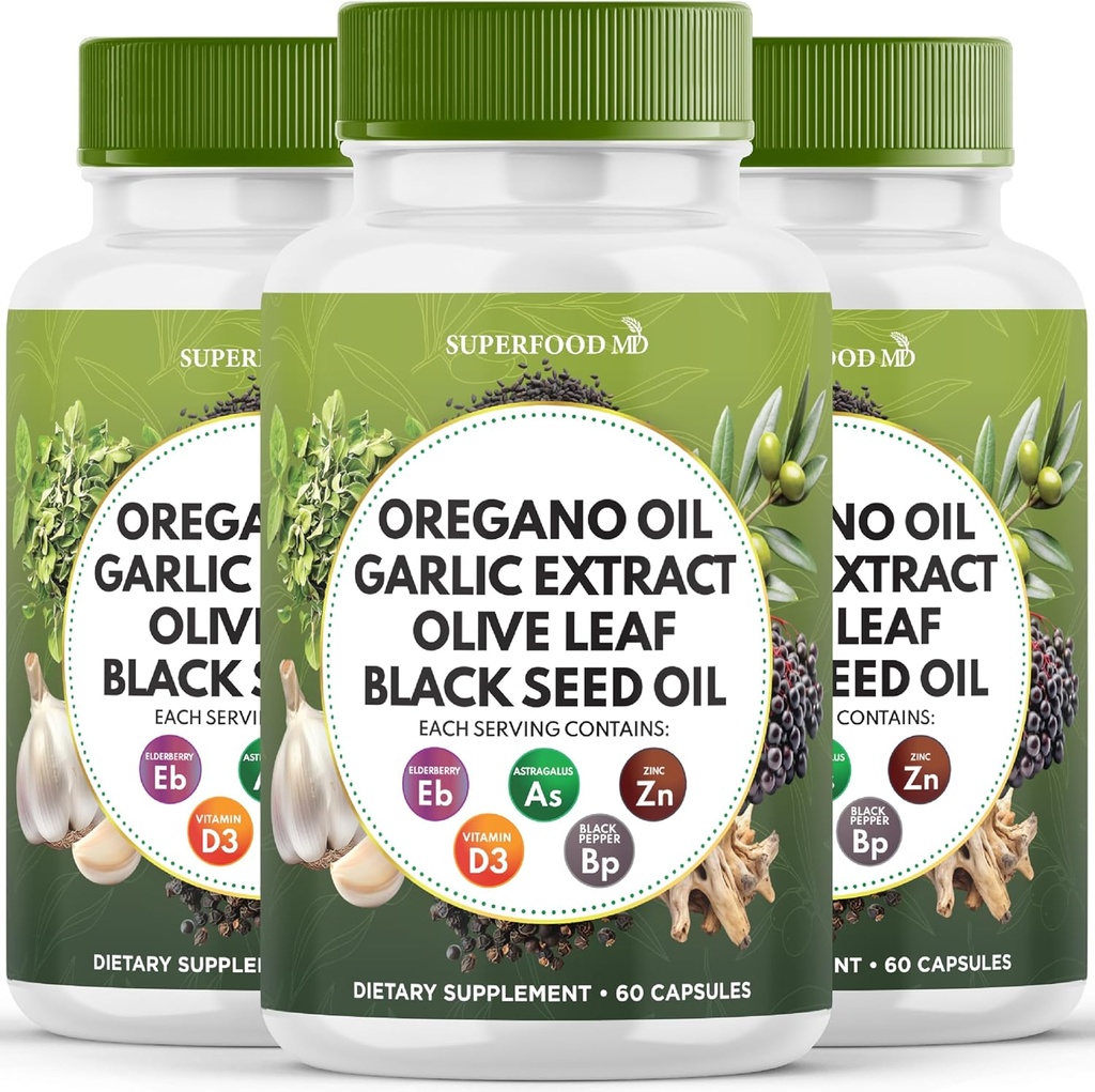 Oregano Oil Česnek Extract Olive Leaf Black Seed Oil Astragalus - Imunitní podpůrný dodatek pro ženy a muže - 180 Počet