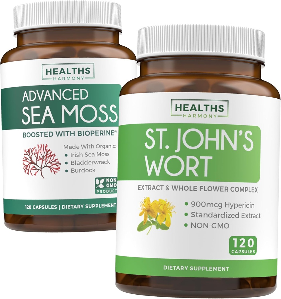 Moss Moss & St. John 's Wort (2- Month Supply) Mood Moss Blend - Organic Irish Moss - Surový vegan dodatek (120 Caps) & St John' s Wort s Powerful 900mcg Hypericin Vegan Non- GMO (120 Kapsle)