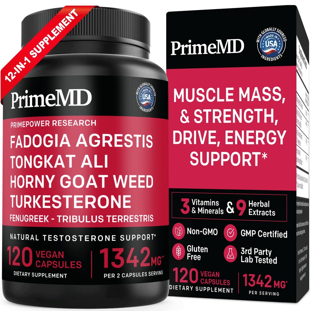 PrimeMD 12- in-1 Fadogia Agrestis a Tongkat Ali - Testosteron dodatek pro muže s Turkesterone - HornyGoatWeed pro muže pro celkové Well- Being with 1342mg Per Serving (120 Kapsle) (Balení po 1)