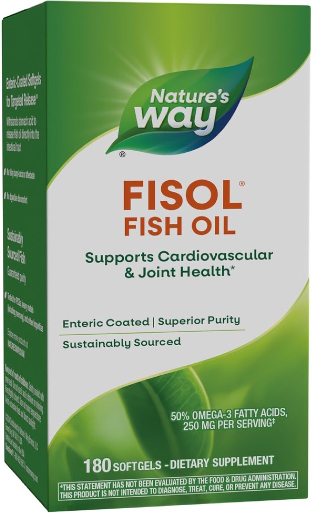 Přírodní Fisol Fisol Fish Oil, Enteric Coated, Podporuje kardiovaskulární a společné zdraví *, Mega potency Omega-3s, 180 Softgels (Balení květen Vary)