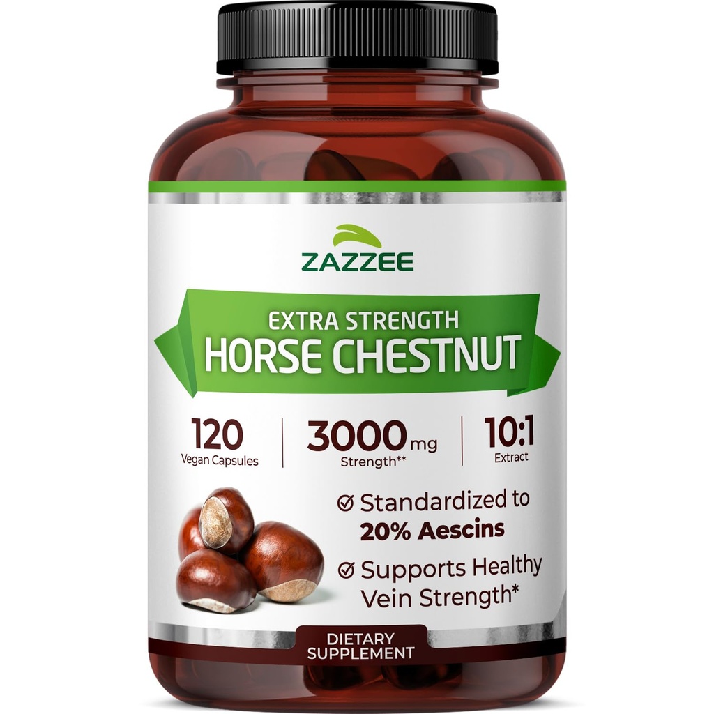 Zazzee Extra Strength Horse Chestnut 10: 1 Extract, 3000 mg Strength, 20% Aescins, 4 měsíční dodávka, 120 Vegan Kapsle, Koncentrované a standardizované 10X Extract, All- Natural, Non- GMO, Made in USA