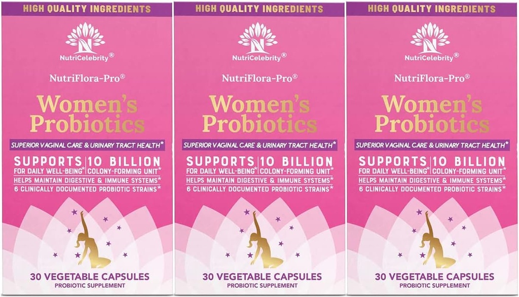 Nutricelebrity Probiotika pro ženy 10 miliard CFU 6 proužky, Organic Prebiotics for Digestive, Vaginal & Imunitary Health, PH Balance & Feminin Health, Period Pain, BV Relief, Cranberry Extract + 3 Pack
