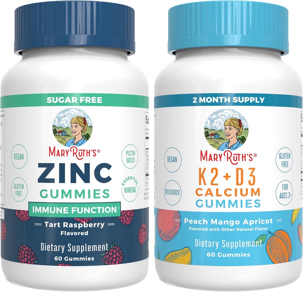 MaryRuth Organics Zinc (Tart Raspberry) & Vitamin K2 + D3 Vápníkové gumy (Peach Mango & Mercot)