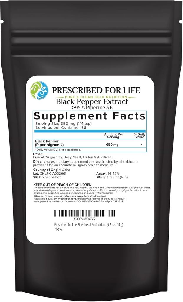 Předepsaný pro život Piperine Powder, 95% Black Pepper Extract Powder, Zvyšuje absorpci živin, gluten Free, Vegan, Non GMO, přírodní antioxidant (0.5oz / 14g)