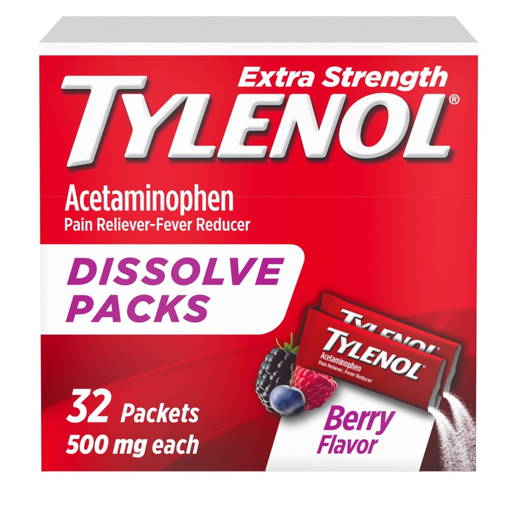 Tylenol Extra Pevnost Rozpusťte PowPacks, 500 mg Acetaminophen Pain Reliever & Fever Reducer Medicine, Rychlá pomoc pro menší Aches & Pains, Ibuprofen - & Aspirin -Free, On- TheBe- Berry Flavor, 32 Ct