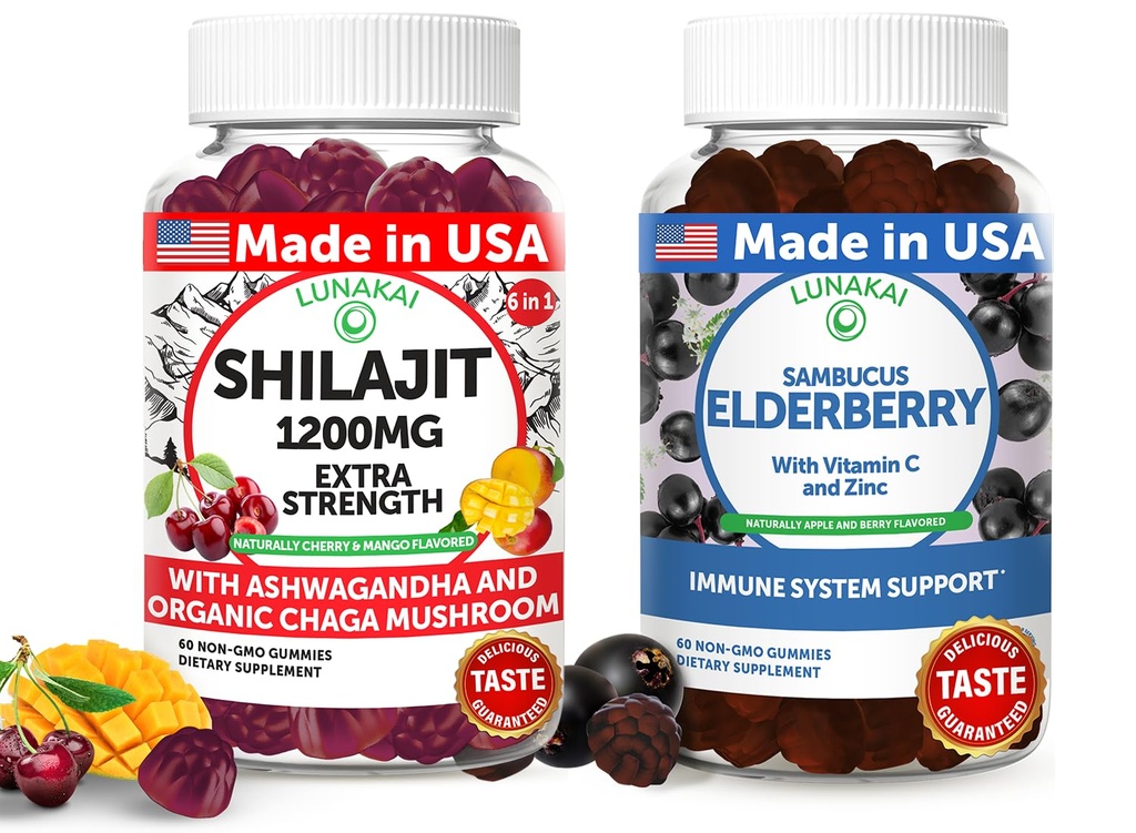 Lunakai USA Made Shilajit & Elderberry Gummies Bundle - Energetická a imunitní podpora - Non- GMO & Delicious