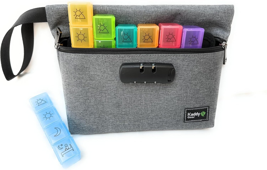 Kaddy Weekly AM / PM Secure Pill Organizer Box, (7-Day / 4-Times-A-Day) Přenosné cestování s velkými složkami pro léky, doplňky a vitamíny, 3 Digit Lock pro bezpečnost