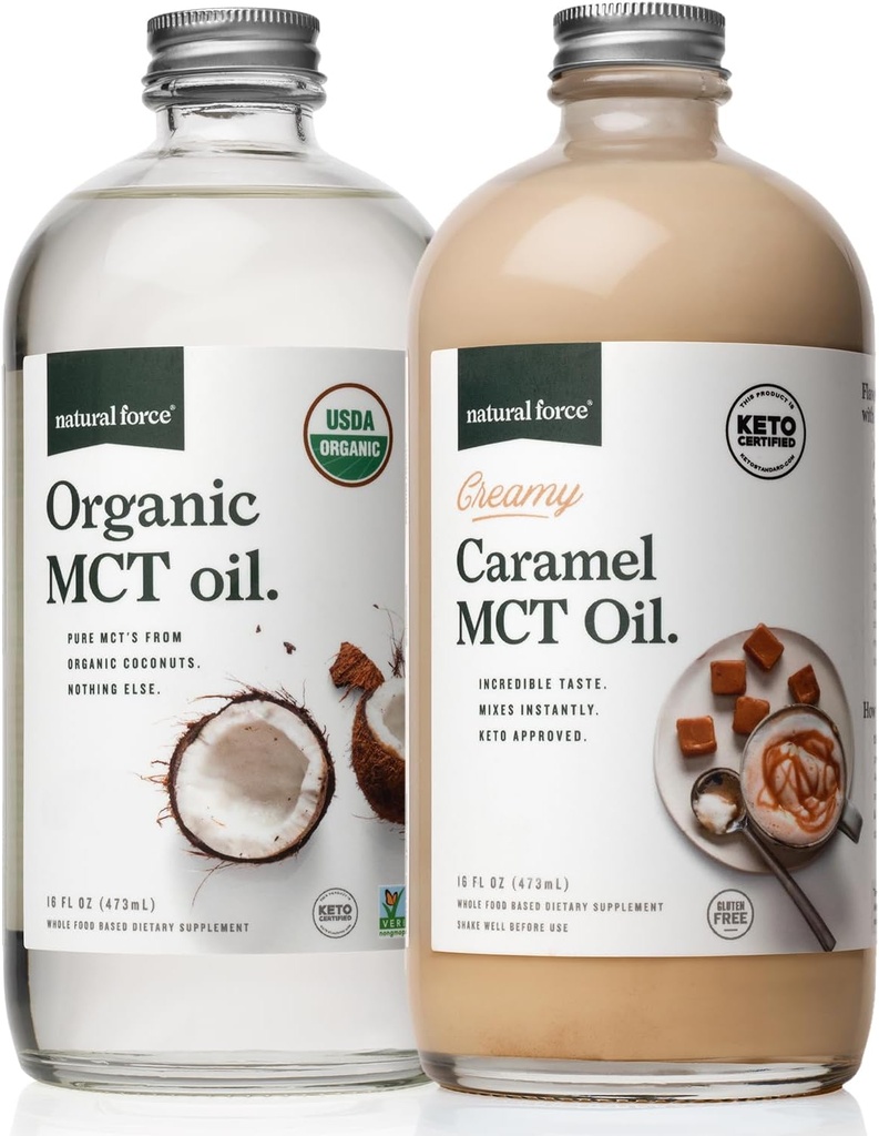 Přírodní síla krémový karamel MCT Olej + organické plné spektrum MCT Olej - Gluten- Free, Non GMO, 100% čisté kokosové MCTs z organických kokosů - Keto, Paleo a Vegan - 2x 16 Ounce skleněné láhve