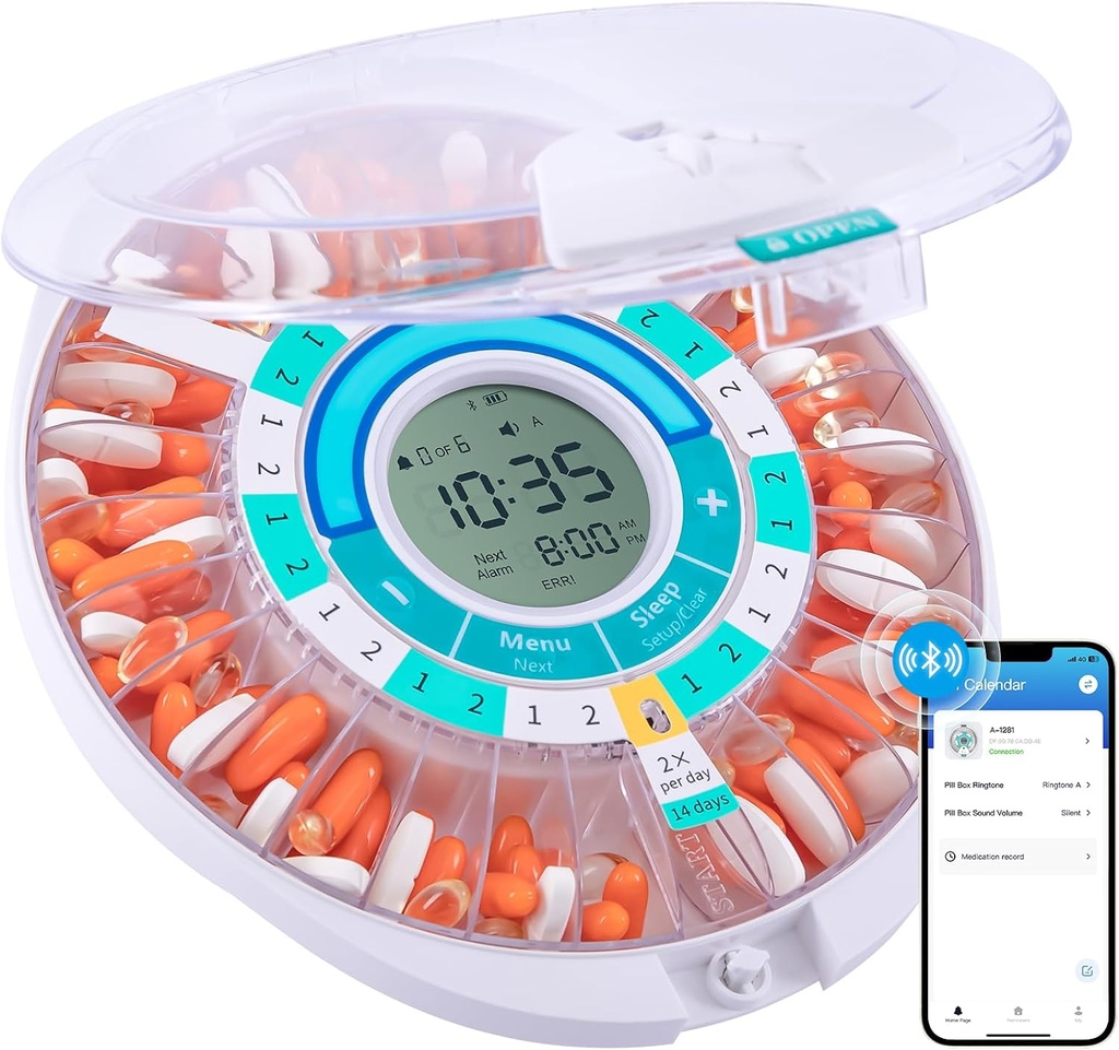 Daviky Automatický dávkovač pro seniory s budíkem, Elektronický plnicí stroj, 28 Day Smart Bluetooth Monthly Pill Organizátor, Upomínka na plotýnky s APP pro recepty, Vitamíny & Více