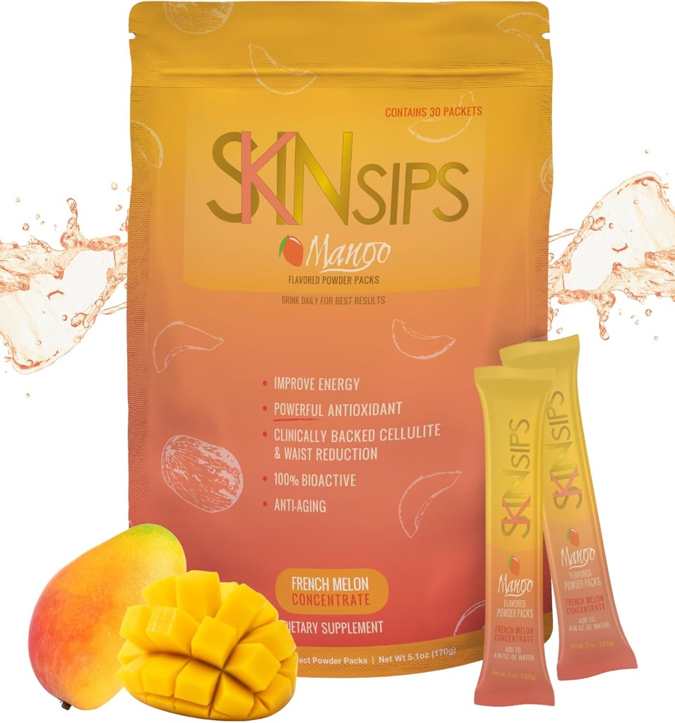 Kůže Zdraví & Energy Boost Drink Mix- Sugar Free, SOD B (TM), Antioxidanty z francouzského melon koncentrátu, Na Go Stick Packs, Mango, 30 Pack