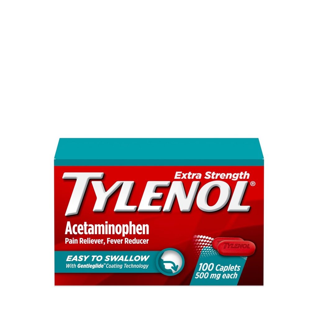 Tylenol Extra Strength Easy to Swallow Acetaminophen, Pain Reliever & Fever Reducer Coated Caplety pro dospělé s Gentleglide Technology, 500 mg Extra Strength Acetaminophen, 100 ct