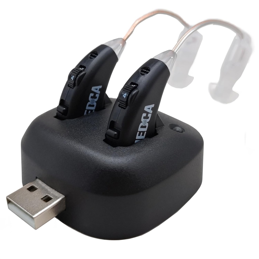 Digitální zesilovače sluchu - Dobíjecí Premium BTE Osobní zesilovač zvuku Pár s USB dock, Za sluchovým zesilovačem sluchu zařízení s dlouhou životností baterie, černá
