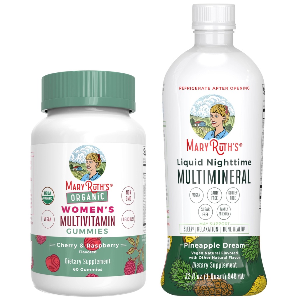 MaryRuth 's Multivitamine Gummies for Women (Cherry & Raspberry) & Liquid Nighttime Multimineral (Ananas) Yellow 124; Clean Label Project Overified ® Yellow 124; Vegan Yellow 124; Beauty, Bedtime Rutine, a celkové zdraví