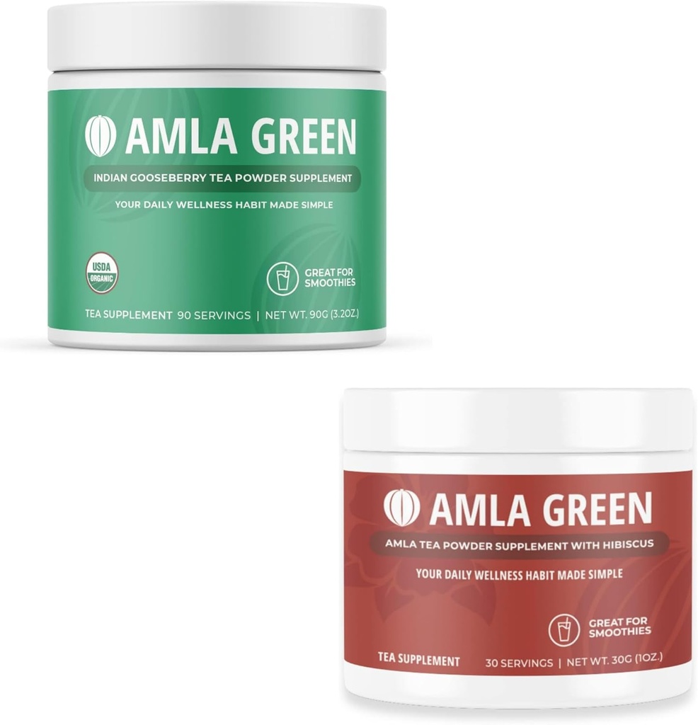 Amla Powder & Green Tea Superfood dodatek, Antioxidant Support, Made with Indian Gooseberry (90 porcí) & Hibiscus (30 porcí), Organic, Vegan