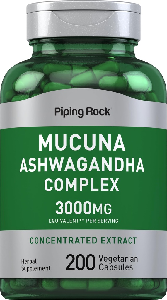 Piping Rock Mucuna Ashwagandha 3000mg PHARMAR 124; 200 kapslí PHARMAR 124; Complex Extract Supplement for Women and Men PHARMAL 124; Vegetarian, Non- GMO, gluten zdarma