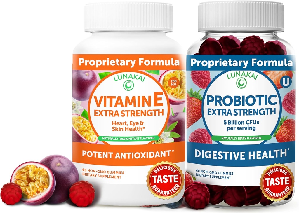 Lunakai vitamin E a probiotické gumy Bundle - 3000 mcg gumy pro dospělé Energy Support - s 5 Miliony CFU per Serving for Digestive Health - Non- GMO, Všechny přírodní