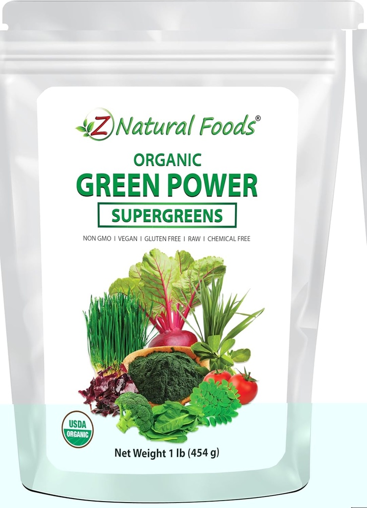 Z Natural Foods Organic Greens Superfood Powder - Barley Grass, Wheatgrass, Spirulina, Spinach, Brokolice, Alfalfa Leaf, Beet Root, Tomato, Dulse & Moringa - Raw Vegan Gluten Free - 1lb