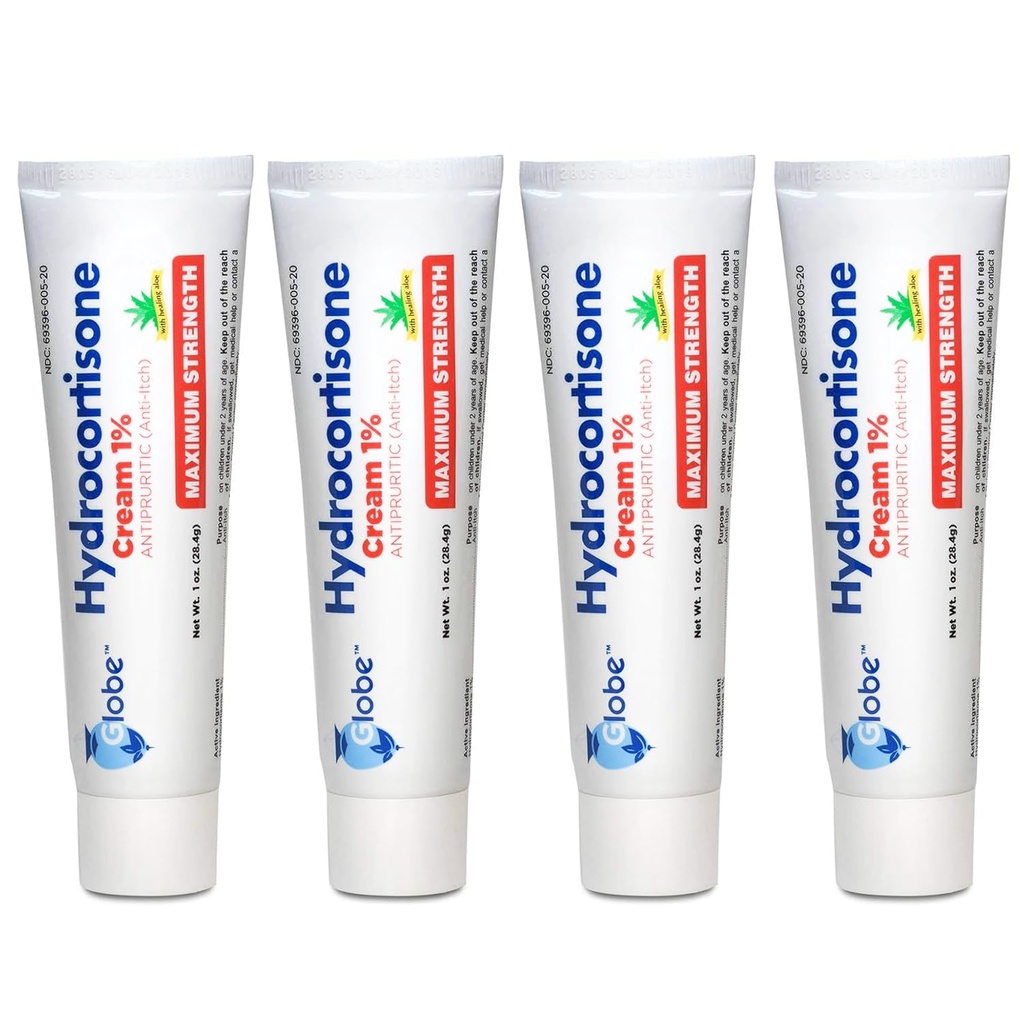 Globe (4 balení) Hydrokortizon Maximální síla anti- itch krém 1% w / aloe, intenzivní vzorec pro červenost, vyrážka, Bug & Mosquito Bites, Eczema, Hemoroidy, citlivá kůže, okamžité Itch Relief, 1 oz Tube