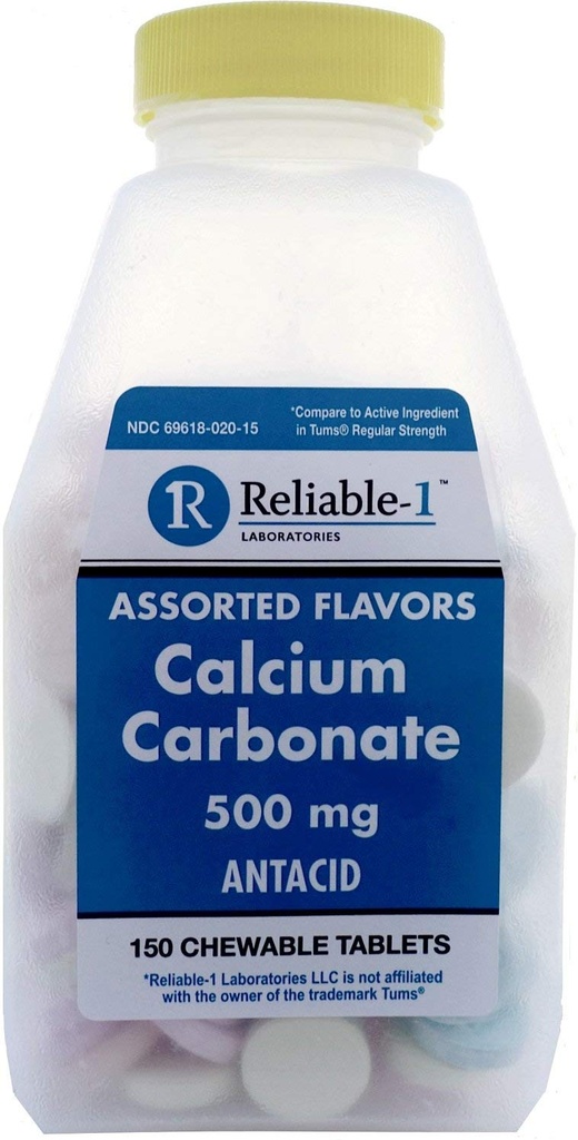 Vápník 500 mg Generický pro Tums Agried Fruit ochucené žvýkací tablety Pravidelné síly Antacida pro kyselé požití, Heartburn, Sour Stomach 150 Chewable Tablety per Lahvička Balení po 4