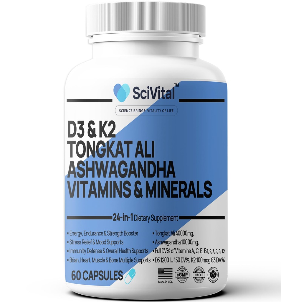 Ashwagandha 10000mg Tongkat Ali 40000mg Dodatek s Multivitamin D3 K2 - Zdraví a stres mužů, Mood, Energie, Endurance Support - Ashwagandha Kapsle Tongkat Ali pro muže USA - 60 Počet