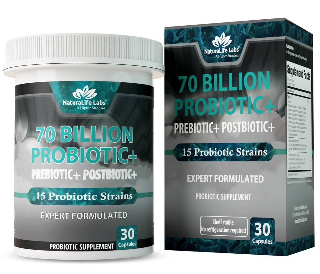 NaturaLife Labs Probiotics 70 Miliardy CFU - 15 Strains with Organic Prebiotic & Postbiotic - 3-in-1 Formule - 30 Vegan Kapsle
