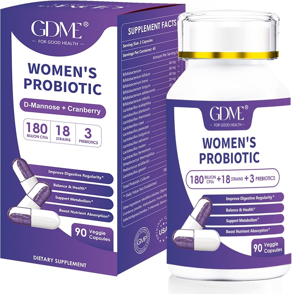 Probiotika 180 Miliardy CFU 18 Strava obsahuje Organic Prebiotic Cranberry Probiotický dodatek Digestion Imunity for Women 's Health, Non Soy Gluten Dairy Free 90 Vegetariánské kapsle