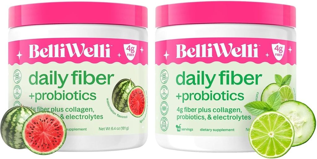 Belli Welli Daily Fiber Supplement Bundle - Cucumber Lime Mint & Watermeloun - s kolagenem, probiotiky a elektrolyty - Osvěžující Wellness Flavors, 32 Celkem Podání