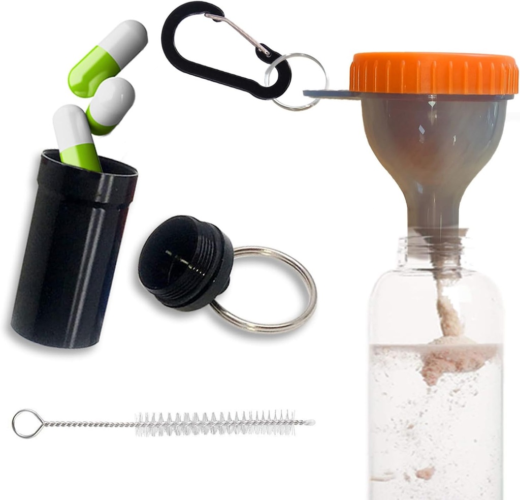 Protein Funnel Set Travel Protein Powder Containers s 1 karabinkou 1 kartáč a 1 Mini Pocket Pill Box vyztužený, aby zabránil rozlití Gym Pre- Workout Dodatek Orange Powder Funnels