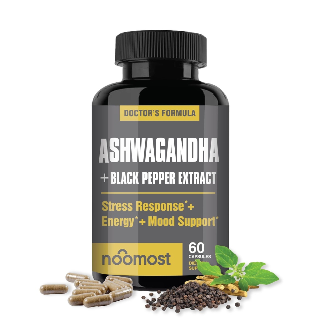 NooMost Organic Ashwagandha 400mg Kapsle w / Black Pepper Extract jako Vegan Ashwagandha Doplňky pro anti Stress Relief, Natural Mood Support, Energy & Focus- 60 Kapsle