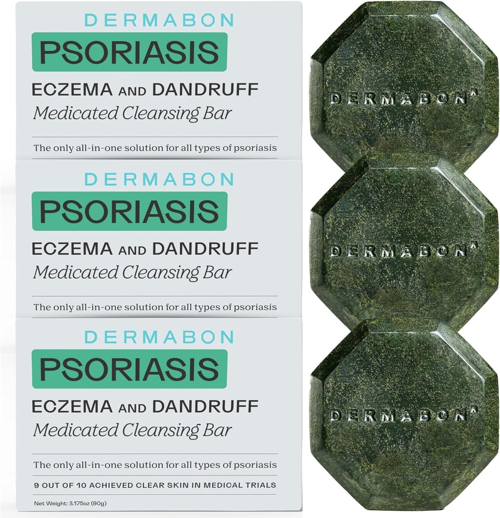 Dermabon 2% Coal Tar Psoriasis Body Wash & Eczema Bar Soap (3 Pack) Yellow 124; Control and Relieve Psoriasis, Eczema, Dermatitis, and Dandruff Yellow 124; Active Ingredient Coal Tar Body Wash