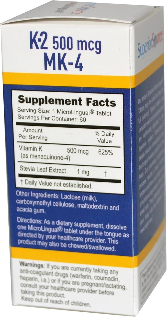 Superior Source Vitamin K-2 500 mcg (MK-4) 60 Sublingvální Tablet